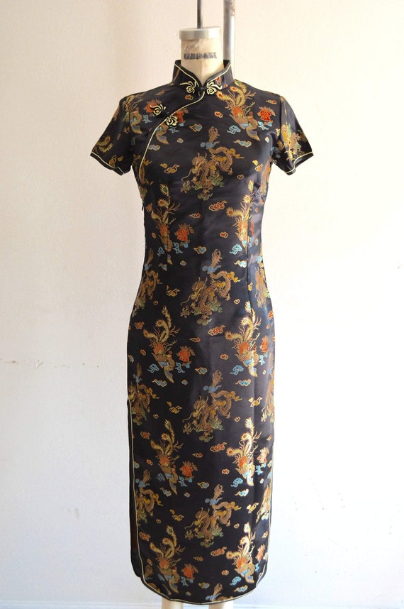 80S Cheongsam Japanese Traditional Asian Black Go… - image 2