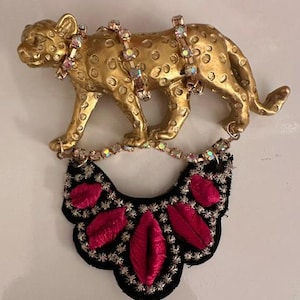 Large Leopard Gold Tone Plaster Brooch Pin with Hanging Embroidery and Crystals