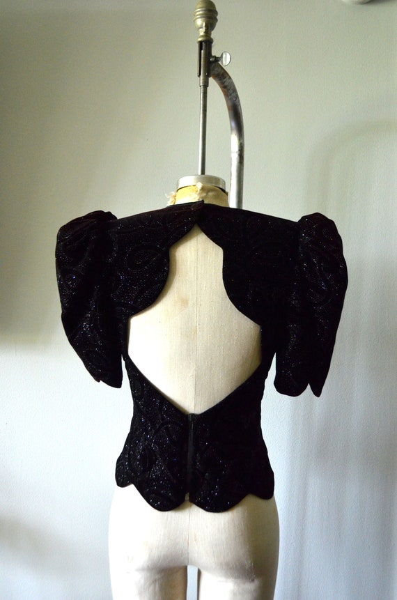 80s Velvet Brocade Sequin Top Puff Ruched sleeve … - image 8