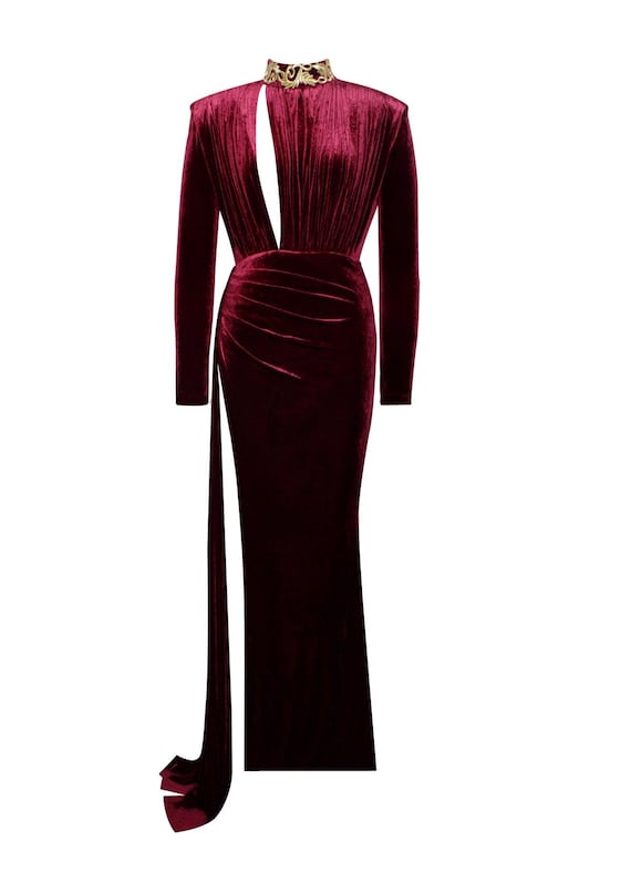 slim fit dress slacks Priya Gold Draping Corset High Slit Velvet Gown main image 1