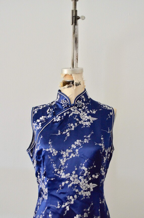 80S Cheongsam Japanese Traditional Asian Blue Sil… - image 3