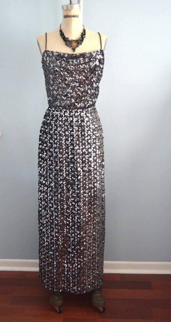 70's Lurex Knit Sequined Black & Silver Long Cock… - image 2