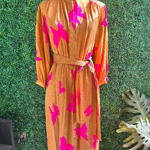Vintage Maggy London Brown and Pink Ara Silk long sleeve dress matching belt