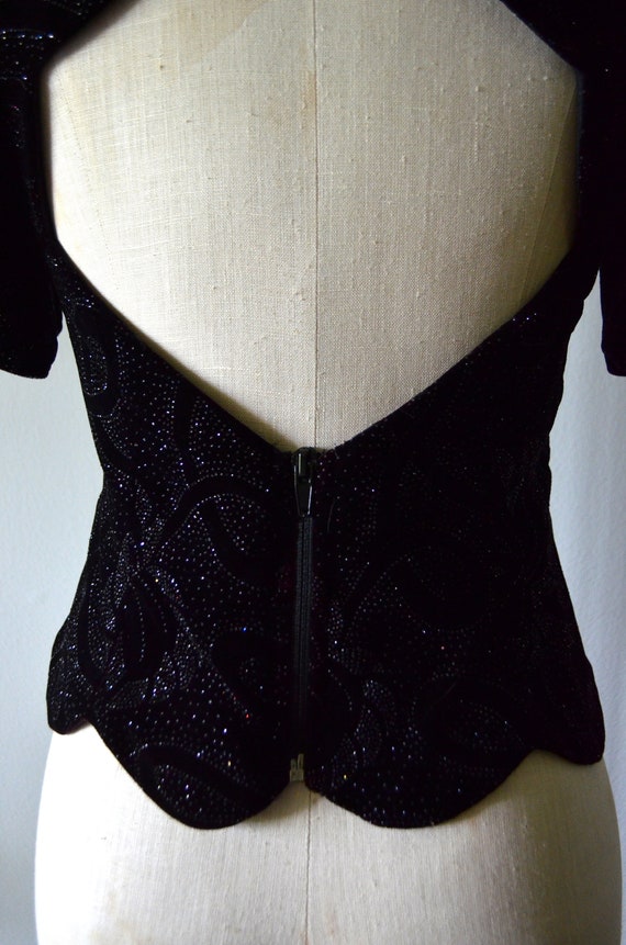 80s Velvet Brocade Sequin Top Puff Ruched sleeve … - image 9