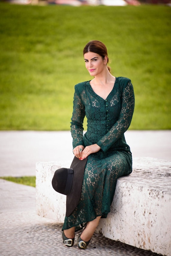 Bohemian Lace Maxi Dress Emerald Green Long Sleeve