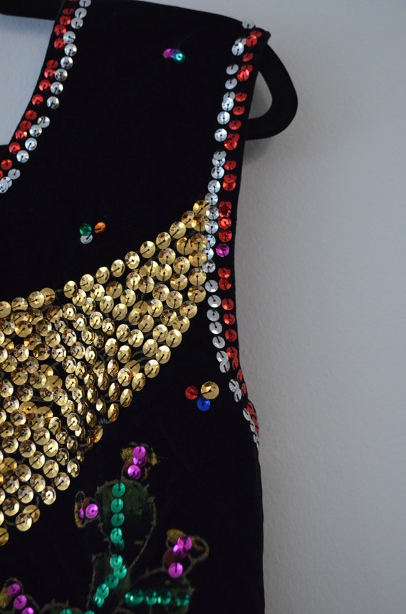 Vintage velvet black corset phoenix sequins Mexic… - image 7