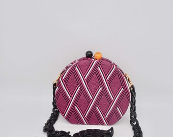 Round Circle Pink Striped Chevron Fabric Hard Mini Crossbody Bag Black Acrylic Chain Handbag