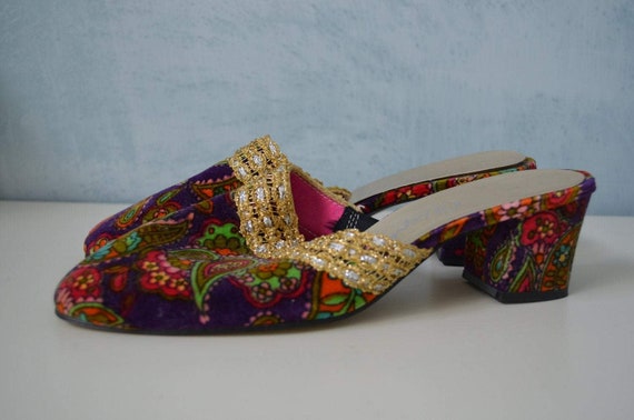 70's Mule Bohemian Oomphies Pasley Colorful Velve… - image 2