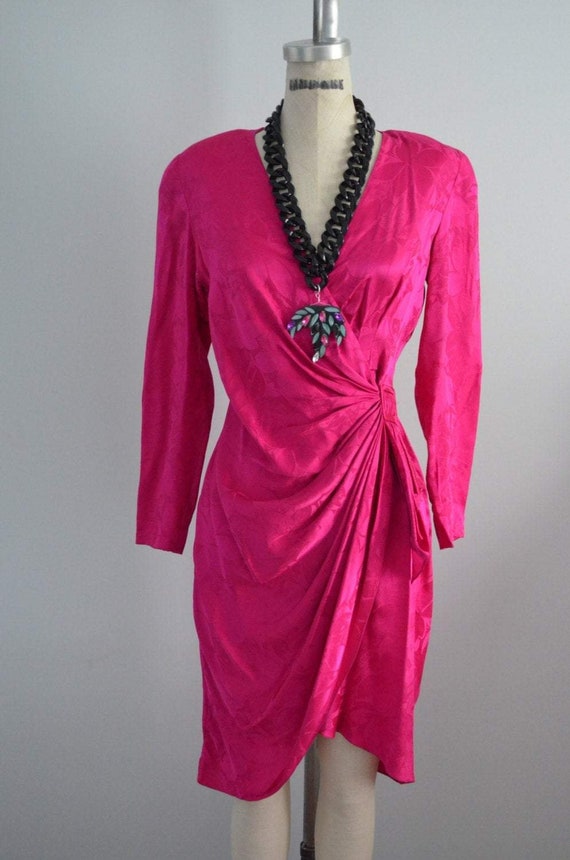 80S Hot Pink Ruched Wrap Jacquard Silk Secretary D
