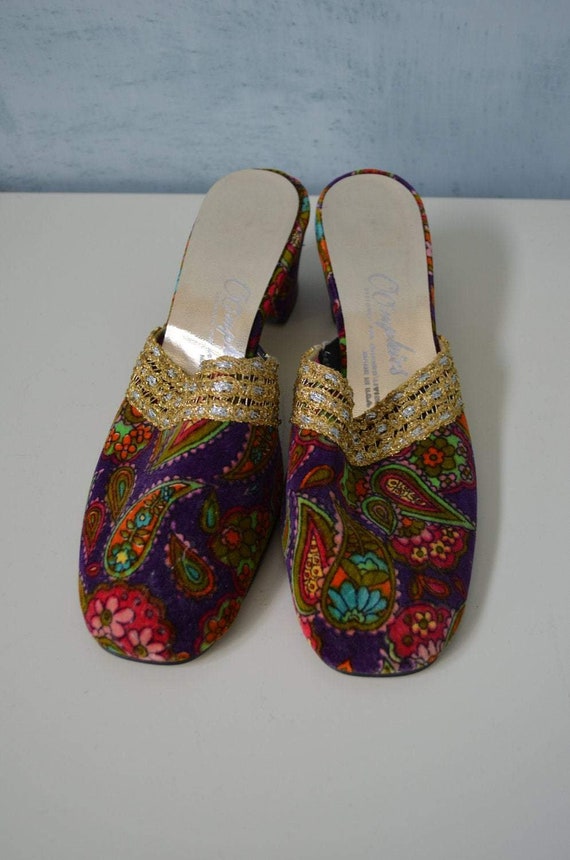 70's Mule Bohemian Oomphies Pasley Colorful Velve… - image 1