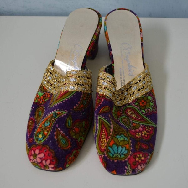 70's Mule Bohemian Oomphies Pasley Colorful Velvet Mule Shoes