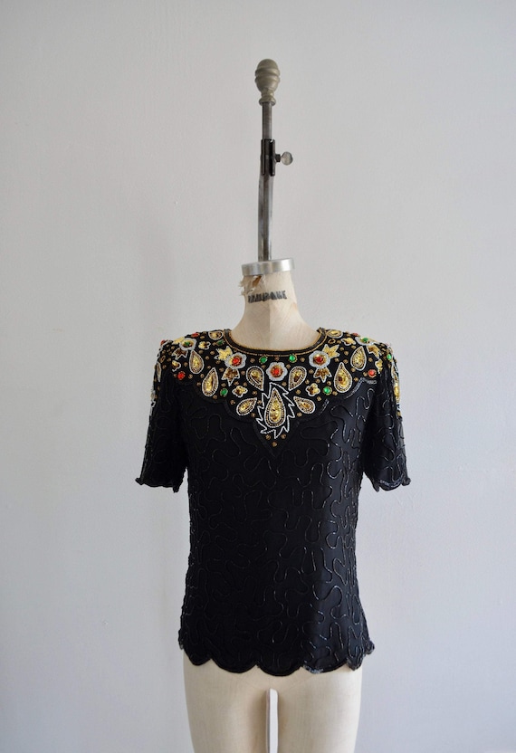 80S Denise Elle Paisley Sequined Design Beaded Si… - image 1