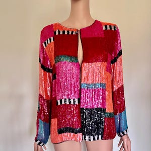 Vintage 80s Sequin Jacket Colorful Patchwork Beaded Statement Jacket Maximalist Glam Evening