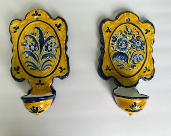 Vintage PAIR of De La Cal Barreira Puente Spain Pottery Wall Sconces - signed/numbered measuring 10.25" x 6" x 3" holder 2.25" x 2" inner