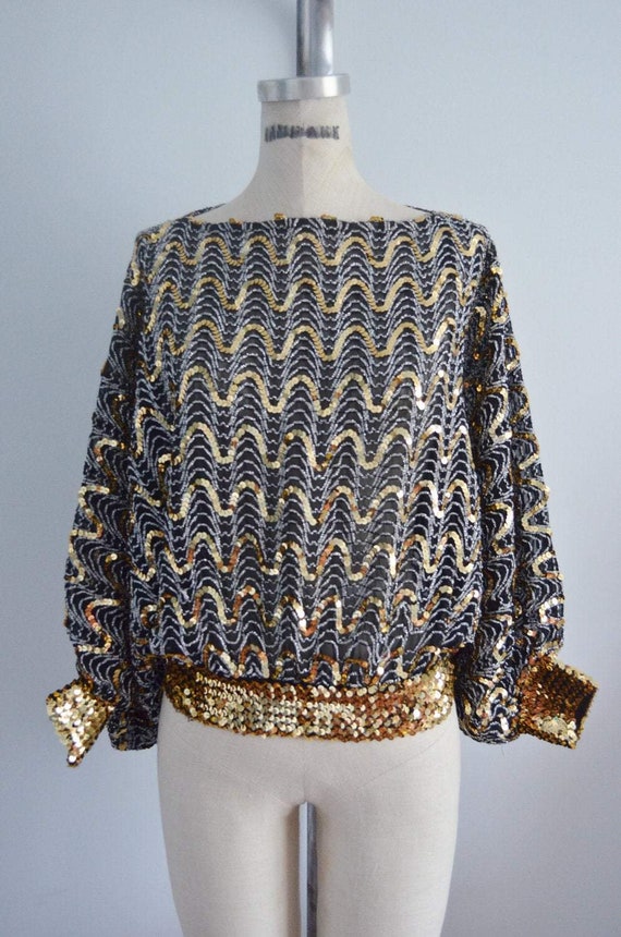 70S Glam Sequined And Beaded Batwing Disco Top Blo