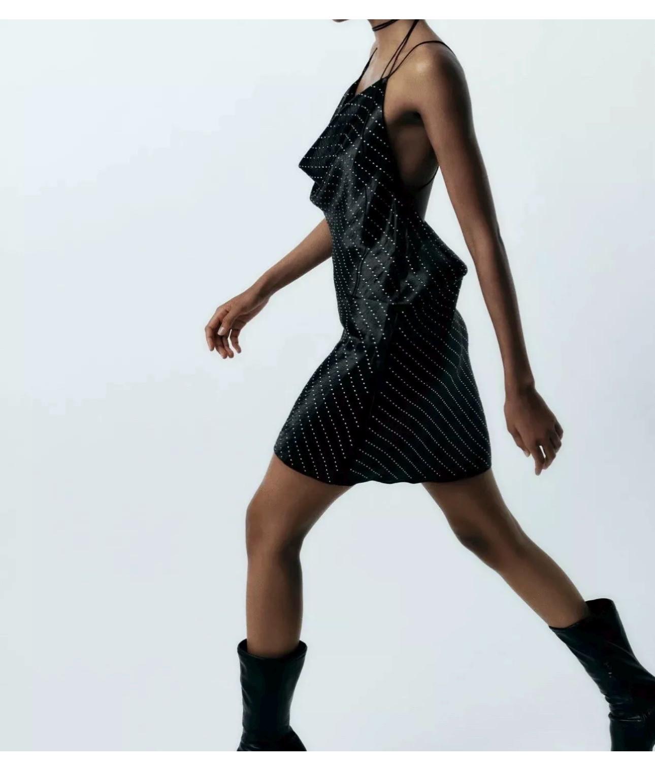 zara satin dress with rhinestone straps ZARA Rhinestone Satin Mini Dress - Draped Neck, Spaghetti Straps (NWT)