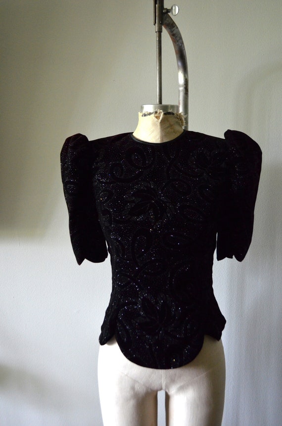 80s Velvet Brocade Sequin Top Puff Ruched sleeve … - image 6