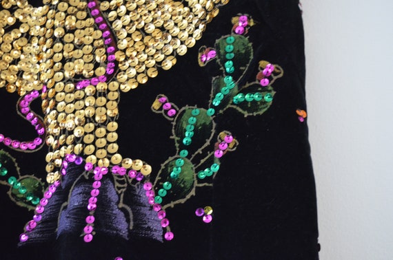 Vintage velvet black corset phoenix sequins Mexic… - image 6