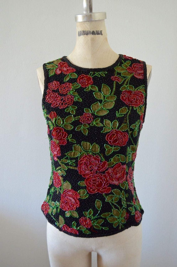 Red Floral Roses Flower Sequined Silk Sequined Bea