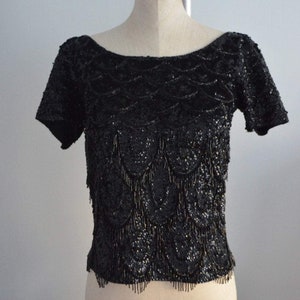 1960S Jo Ro Imports Black Sequined Beaded Fringe Top Handicraft Cropped Size M