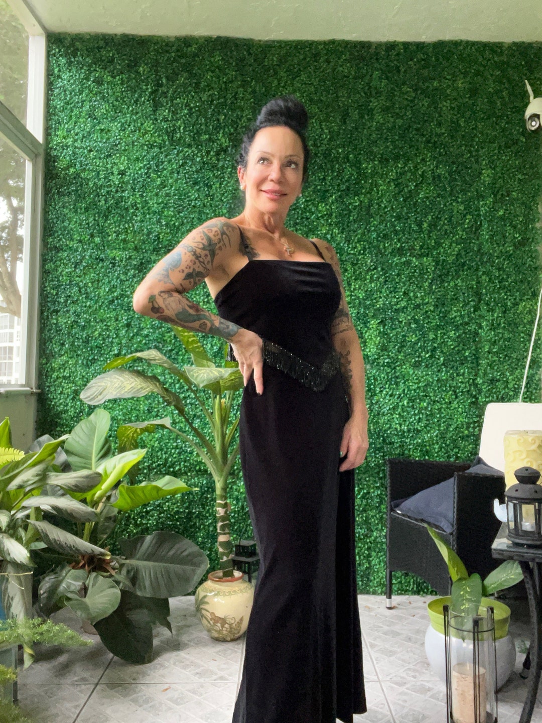 Gatsby Black Velvet Gown Sleeveless Dress With Beaded Fringe by Patra - Etsy