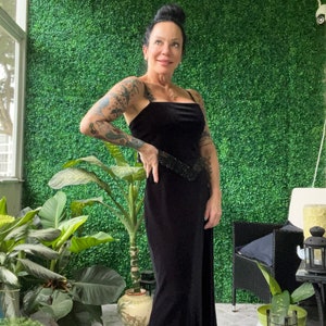 Gatsby Black Velvet Gown Sleeveless Dress with Beaded fringe by Patra