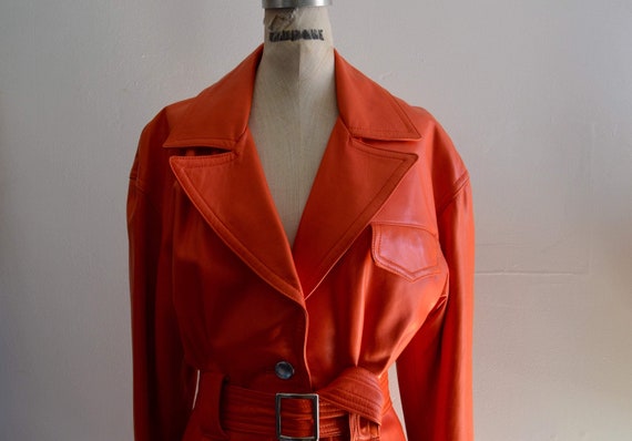 80s Vintage Leather Midi Belted Trench Coat & Hig… - image 6