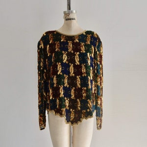 Multicolor Gold Sequin Coiled Flower Beaded Scallop Dolman Sleeve Silk Top Blouse