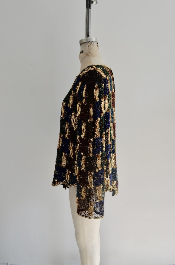 Multicolor Gold Sequin Coiled Flower Beaded Scall… - image 6