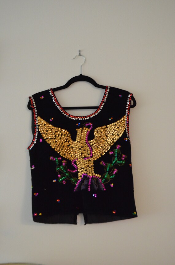 Vintage velvet black corset phoenix sequins Mexic… - image 4