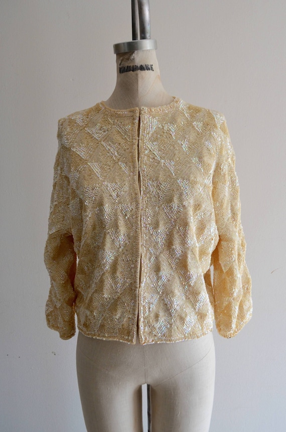 Off White Sequin Bomber Cropped Sweater Jacket Blo