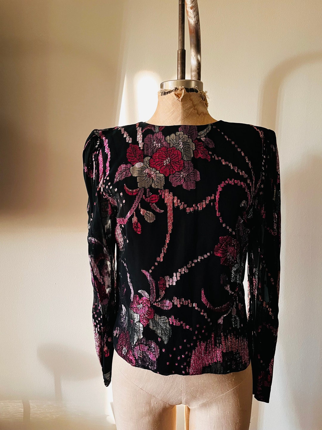 Vintage 90s Black Floral Embellished Sparkly Disco Top 12 14 M