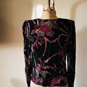 80s sheer black and pink metallic floral disco top