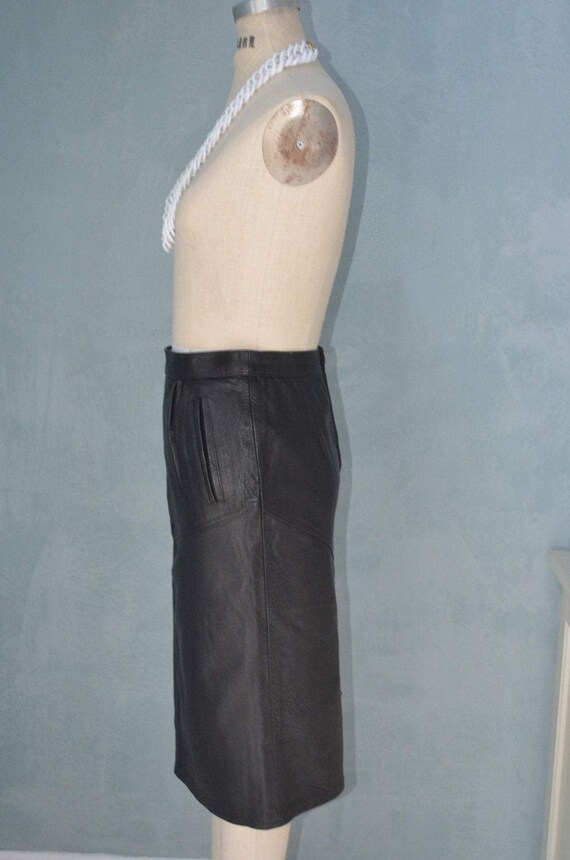 80S Italian Black Leather Pencil High Waisted Ski… - image 5