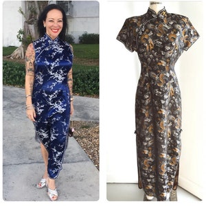 80S Cheongsam Japanese Traditional Asian Black Gold Red Long Slit Formal Dress