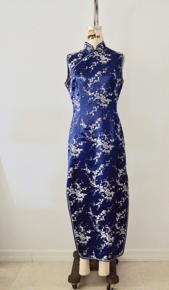 80S Cheongsam Japanese Traditional Asian Blue Sil… - image 2