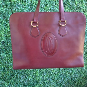 Le Must de Cartier Vintage Bolso grande original Borgoña Cuero genuino Oficina Médicos Bolso unisex Asa superior