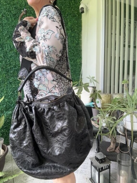 Sabina New York Black Large Leather Brocade Tassel Hobo Cross Body Bag Etsy