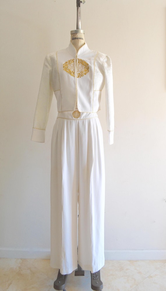 1980S Harem Mandarim Pant Suit Japanese White/Gold