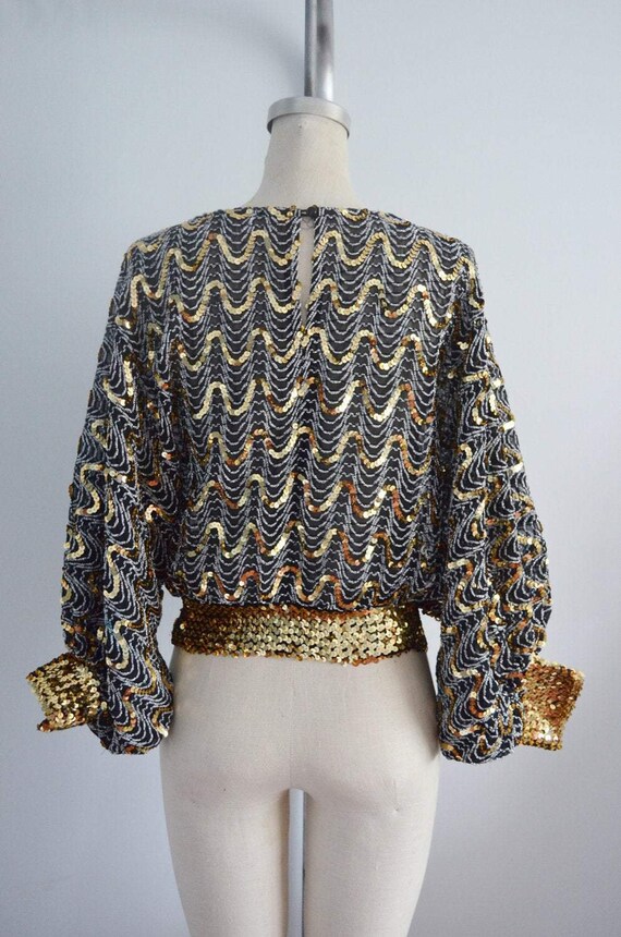 70S Glam Sequined And Beaded Batwing Disco Top Bl… - image 5