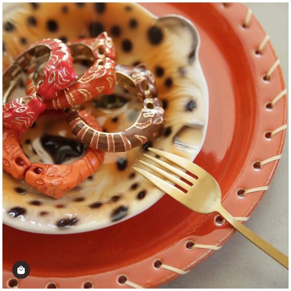 Handmade Enameled Colorful Statement Leopard Oran… - image 3