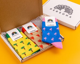 Tropical Pattern Sock Gift Set | Gifts For Men | Luxury Socks | Beach | Palm Tree | Lobster | Flamingo | Egyptian Cotton Socks | Sock Box