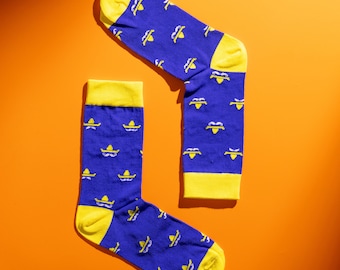 Men’s Luxury Sombrero Pattern Socks | Premium Egyptian Cotton | Blue & Yellow Design | Gift for Him | UK Men’s 6.5-11 | Birthday Gift Idea
