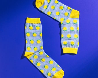 Men's Blue And Yellow Lemon Pattern Socks | Novelty Fun Colourful | Luxury Premium | Gift | Egyptian Cotton | UK Men's 6.5 - 11 | 1 Pair