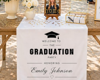 Camino de mesa de graduación personalizado, pancarta de bienvenida para fiesta de lino, decoración con nombre y año de clase personalizados