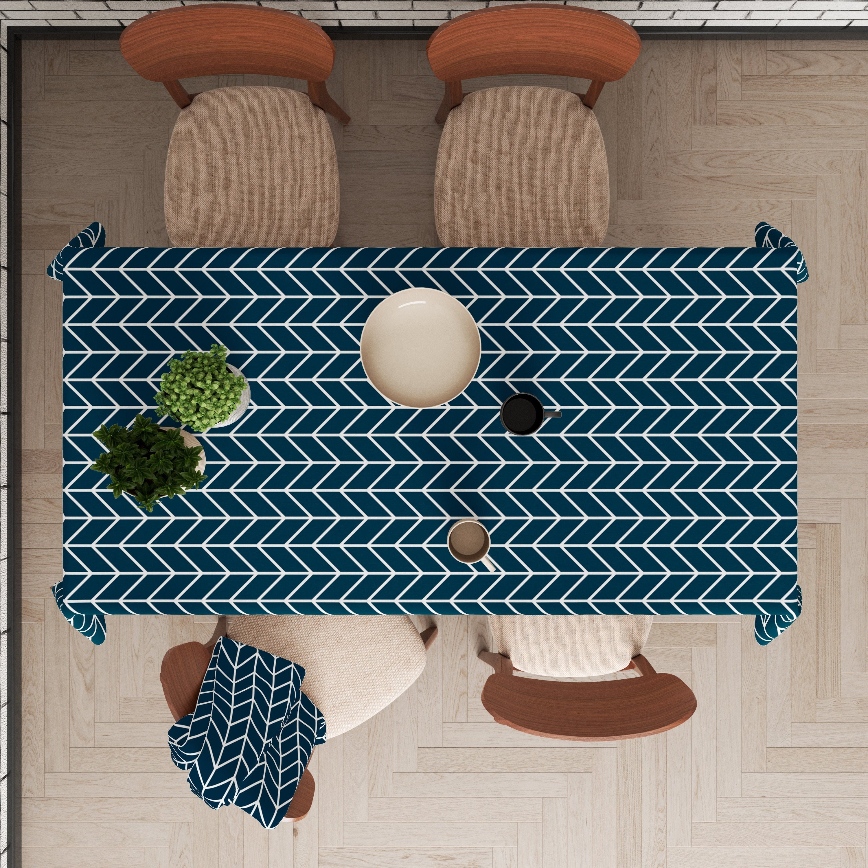 Herringbone tablecloth Navy blue tablecloth Table linens Etsy