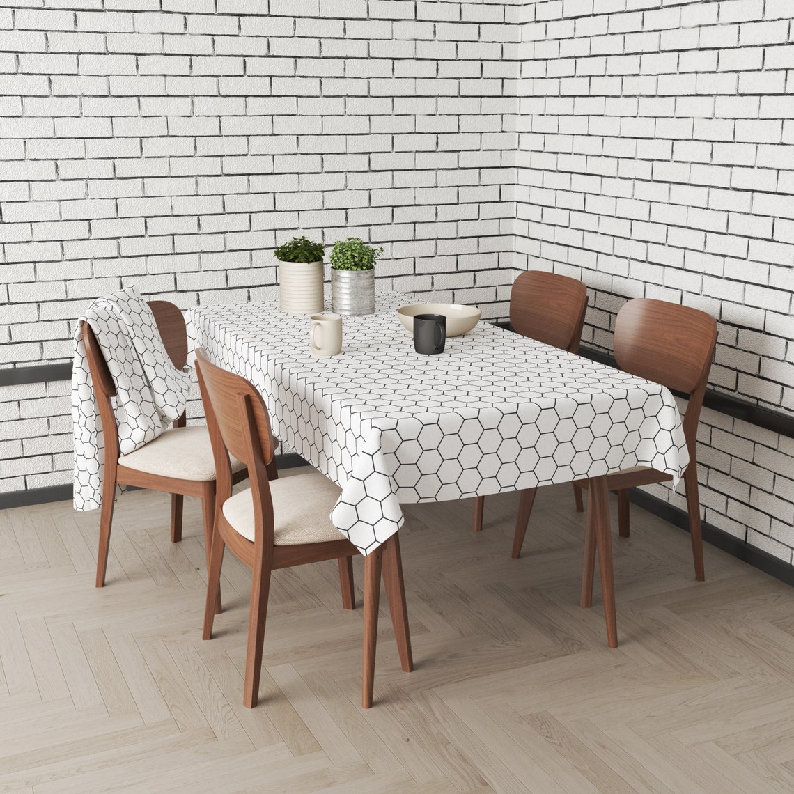 Tablecloths Simple Black White Table Cloth Geometric Hexagon Etsy