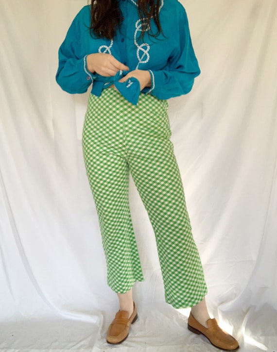 Vintage 1970s Lime Green Gingham Flare Pants High