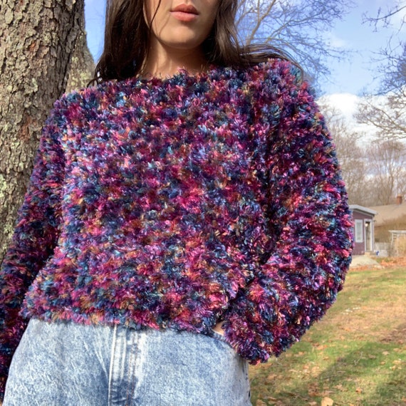 Vintage 1980s Rainbow Fuzzy Sweater Cropped Long S