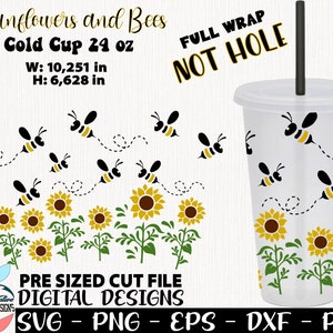 Girasoles svg, Taza de girasoles sin agujero, Girasoles Full Wrap, Diseño de abejas svg, Copa de abejas 24 oz, Taza fría de girasol 24 oz, Taza fría de abeja svg